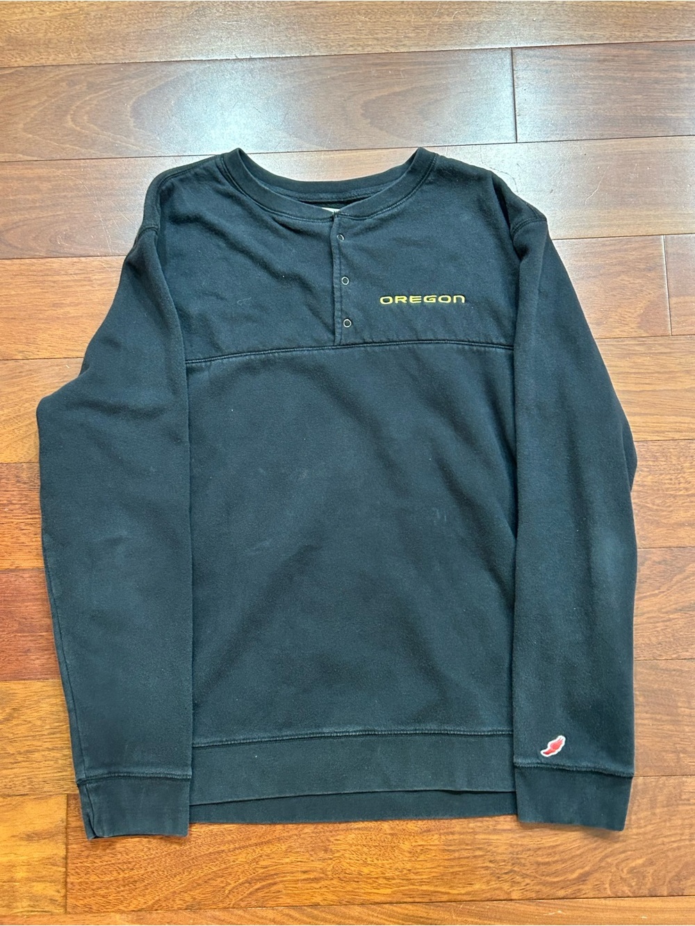 League Black Crewneck Henley with Gold 'Oregon' Embroidery